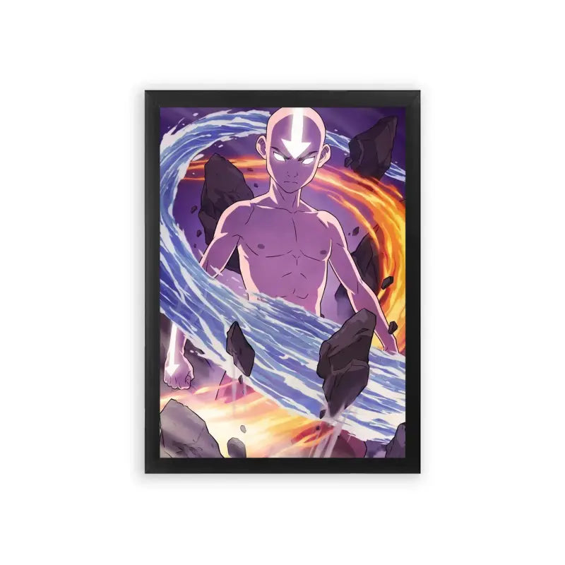 Avatar The Last Airbender 'Master of the Elements' Framed Poster Black Premium Wood A powerful animated character from a series standing amidst swirling elements of water and fire, showcasing a dramatic display of strength and elemental control in a framed poster.