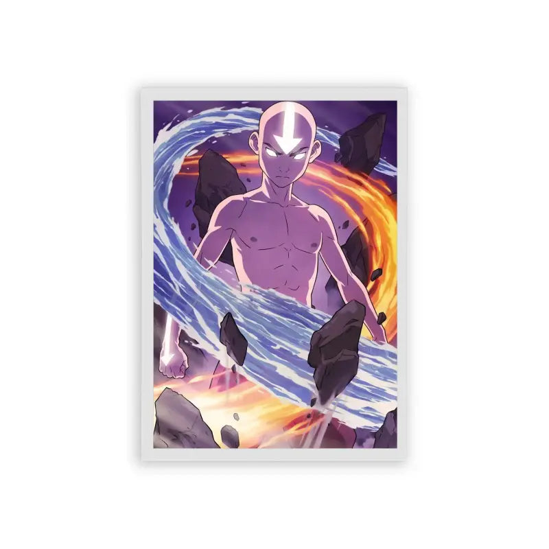 Avatar The Last Airbender 'Master of the Elements' Framed Poster White Hard Fiber A powerful animated character from a series standing amidst swirling elements of water and fire, showcasing a dramatic display of strength and elemental control in a framed poster.