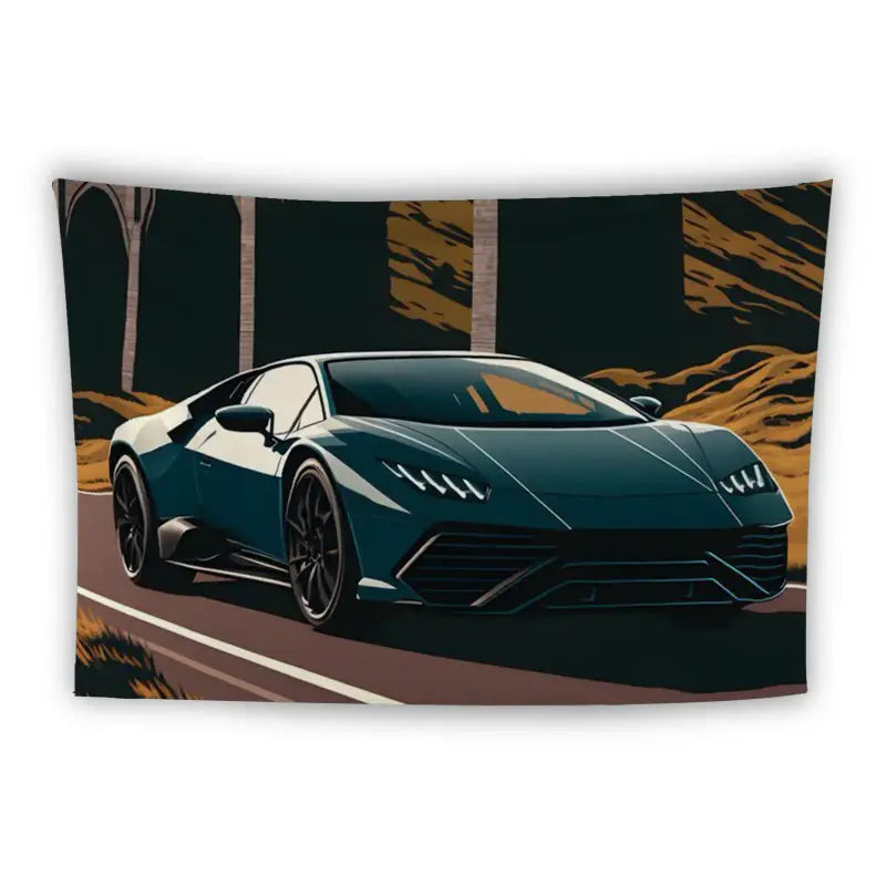 Illustration of a sleek, dark blue sports car with angular headlights driving on an open road. The background features tall, thin geometric trees and abstract, grassy hills, all depicted in a stylized, modern art style.