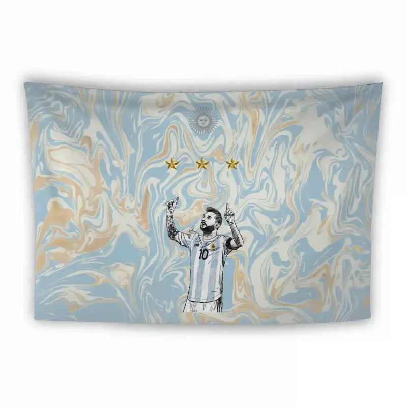 A tapestry featuring an artistic depiction of a soccer player wearing the number 10 jersey. The player is shown pointing upwards towards three gold stars. The background is a swirling pattern of light blue, white, and beige colors.