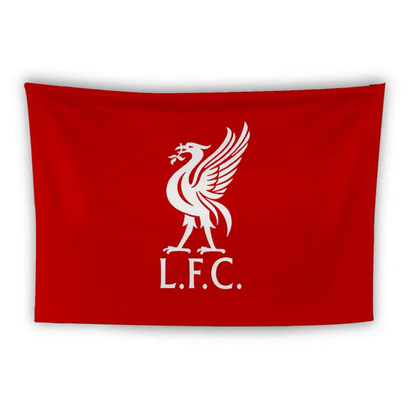 A red flag featuring a white Liver bird emblem, which is the symbol of Liverpool Football Club. Below the bird, the letters "L.F.C." are displayed in white. The background is solid red.