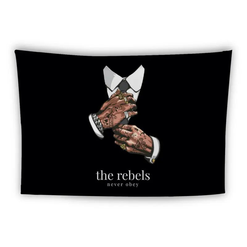 Illustration of a person adjusting a tie, with heavily tattooed hands wearing rings, on a black background. Below the image, text reads "the rebels" and "never obey" in white font.