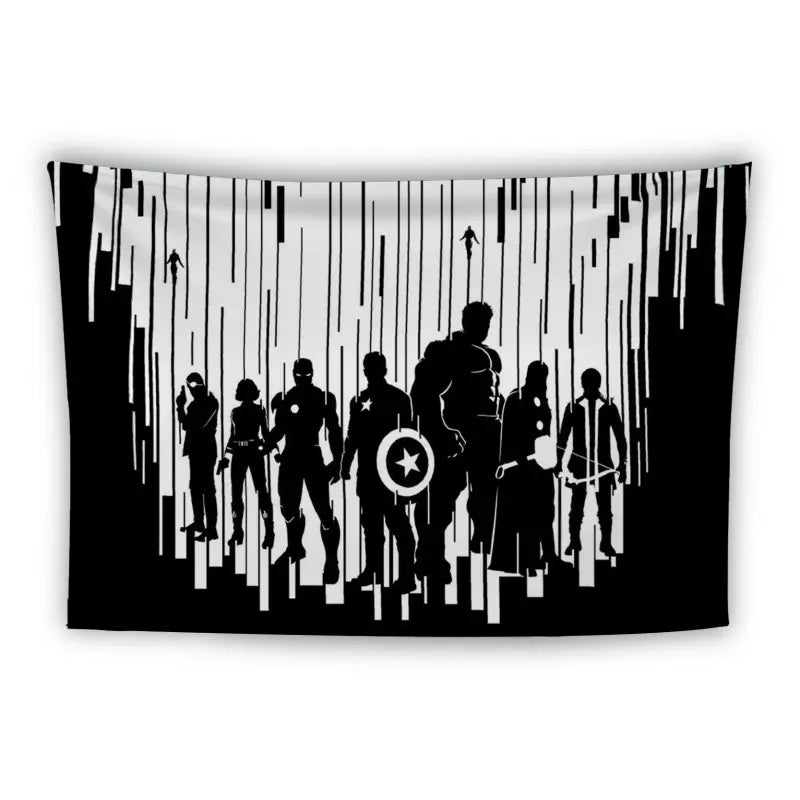 A black and white illustration featuring silhouettes of superheroes walking forward. Each figure is distinct, with one holding a shield, another with a bow and arrow, and others showcasing various iconic stances. Vertical lines descend from above, creating a dramatic backdrop.