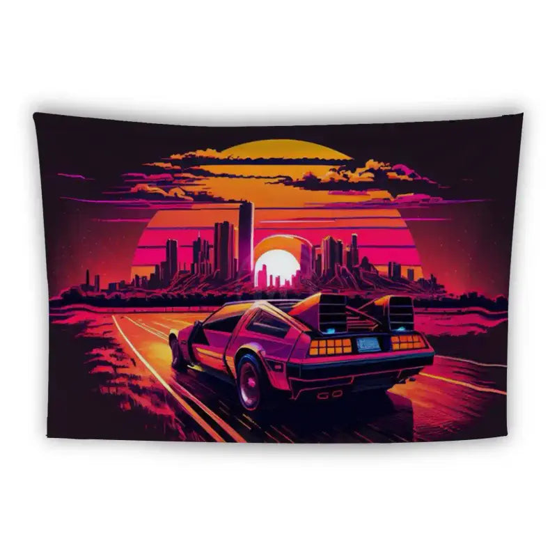 A digital artwork featuring a retro-futuristic car driving towards a city skyline at sunset. The sky and surroundings are illuminated with vibrant hues of pink, purple, and orange. The scene has a distinctive 80s synthwave aesthetic.