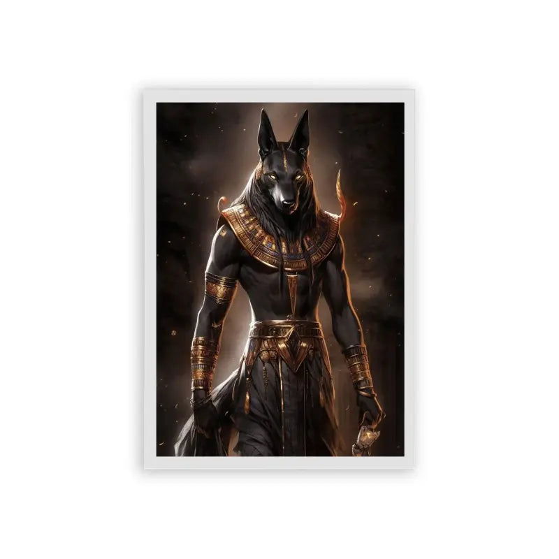 Ancient Egyptian 'Anubis, God of Death' Framed Poster White Hard Fiber The known object in the description is Anubis, the ancient Egyptian god of death and afterlife.