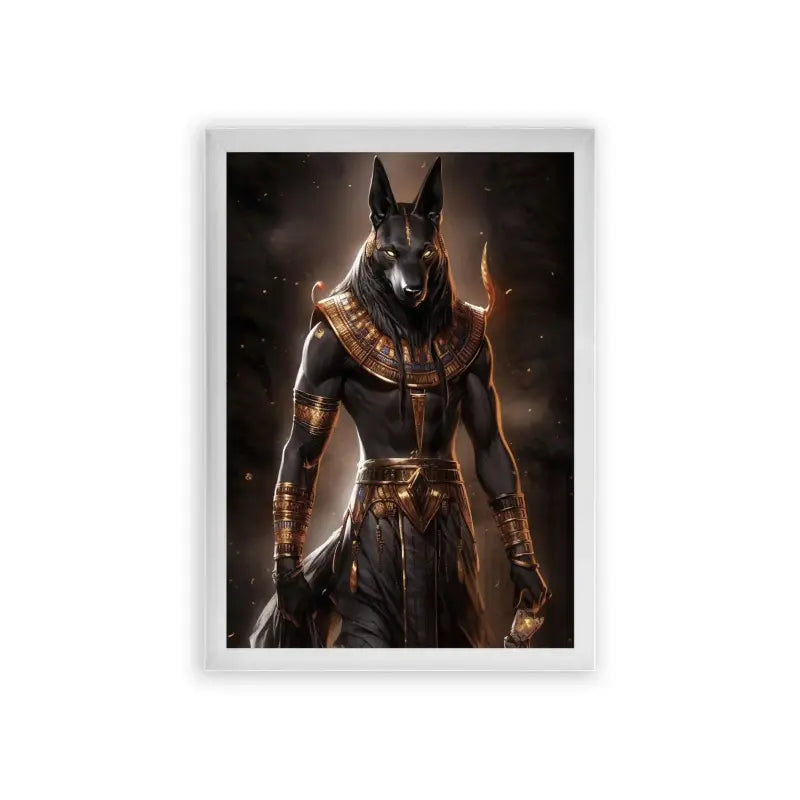 Ancient Egyptian 'Anubis, God of Death' Framed Poster White Premium Wood The known object in the description is Anubis, the ancient Egyptian god of death and afterlife.