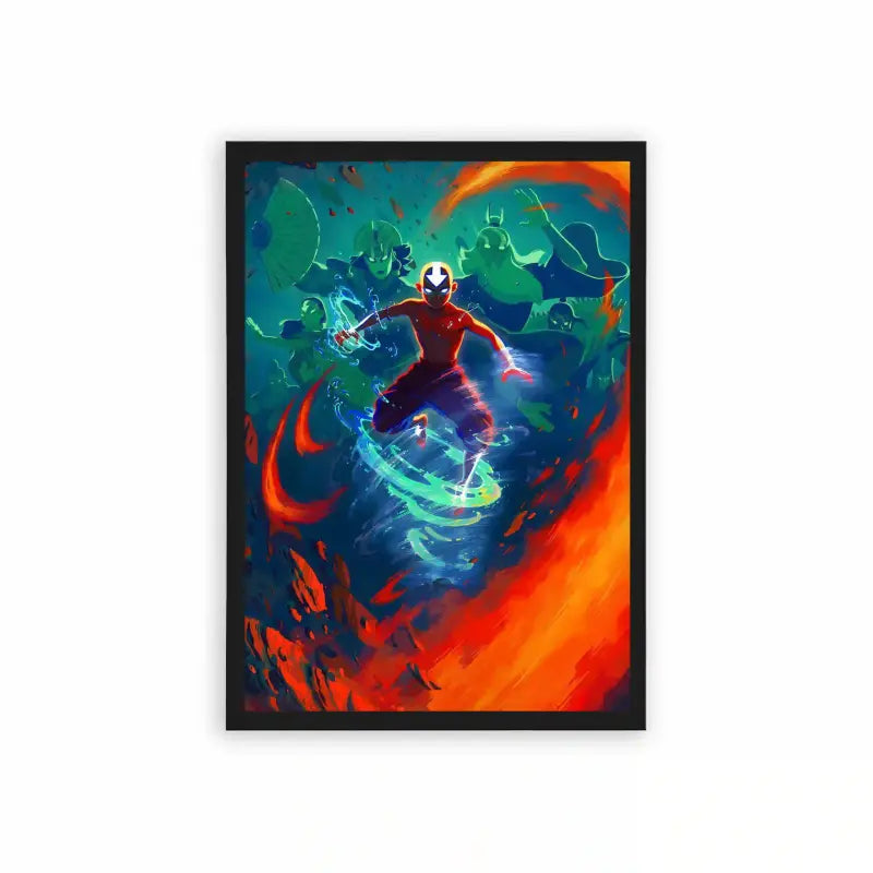 Avatar The Last Airbender 'Avatar's Essence' Framed Poster Black Hard Fiber A vibrant and dynamic artwork encapsulating the essence of a superhero avatar in action, surrounded by the interplay of bold colors and energetic abstract elements.