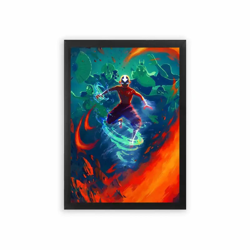 Avatar The Last Airbender 'Avatar's Essence' Framed Poster Black Premium Wood A vibrant and dynamic artwork encapsulating the essence of a superhero avatar in action, surrounded by the interplay of bold colors and energetic abstract elements.