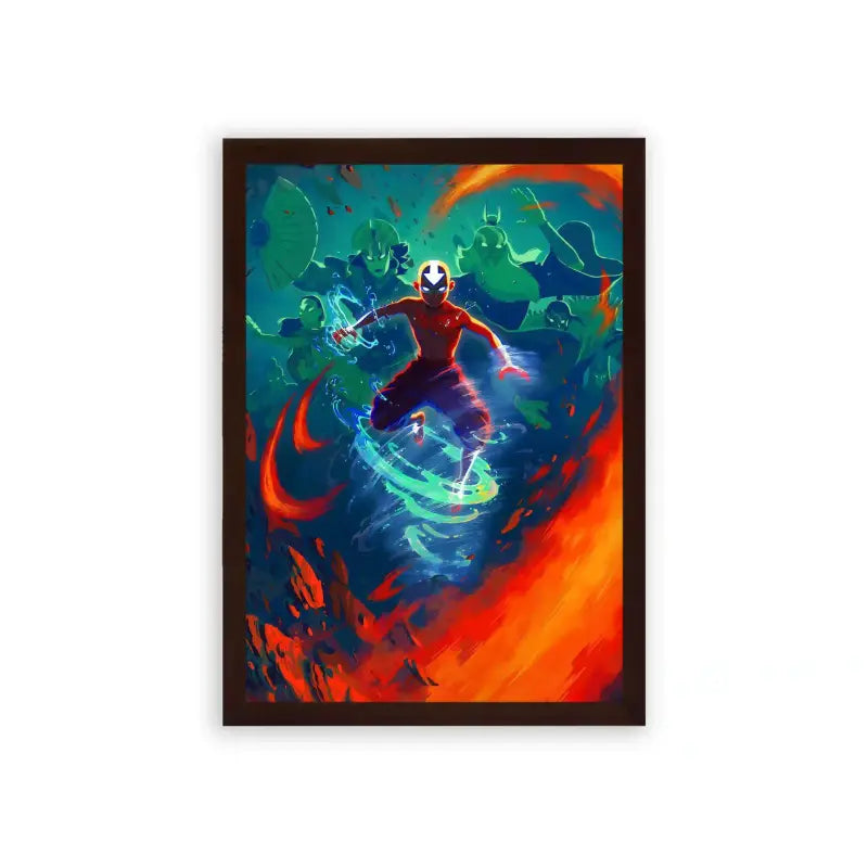 Avatar The Last Airbender 'Avatar's Essence' Framed Poster Brown Premium Wood A vibrant and dynamic artwork encapsulating the essence of a superhero avatar in action, surrounded by the interplay of bold colors and energetic abstract elements.