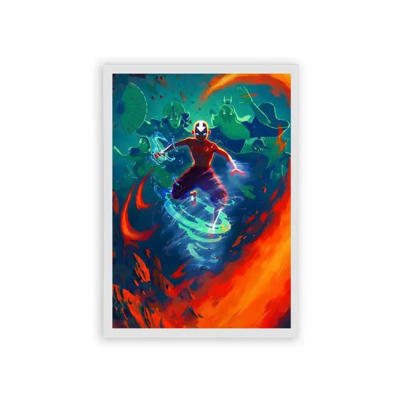 Avatar The Last Airbender 'Avatar's Essence' Framed Poster White Hard Fiber A vibrant and dynamic artwork encapsulating the essence of a superhero avatar in action, surrounded by the interplay of bold colors and energetic abstract elements.