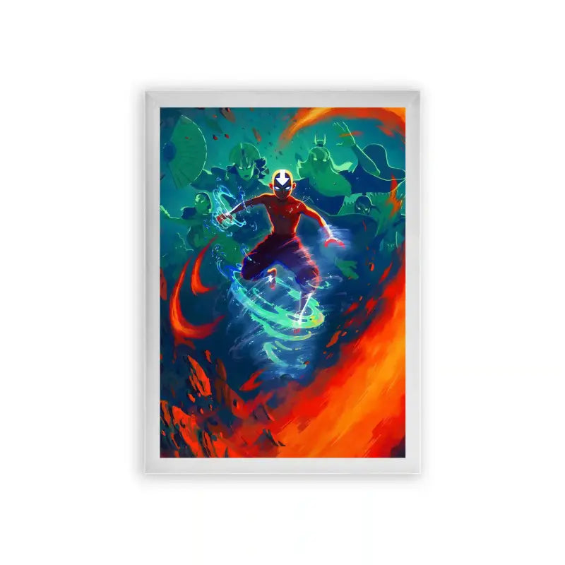 Avatar The Last Airbender 'Avatar's Essence' Framed Poster White Premium Wood A vibrant and dynamic artwork encapsulating the essence of a superhero avatar in action, surrounded by the interplay of bold colors and energetic abstract elements.