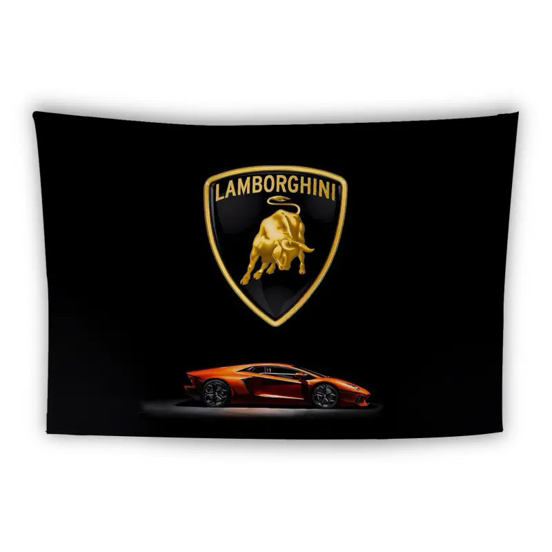 An image displays a wall tapestry featuring the Lamborghini logo, which includes a golden bull on a black shield background with the brand name "Lamborghini" at the top. Below the logo is a sleek, orange Lamborghini sports car on a black background.