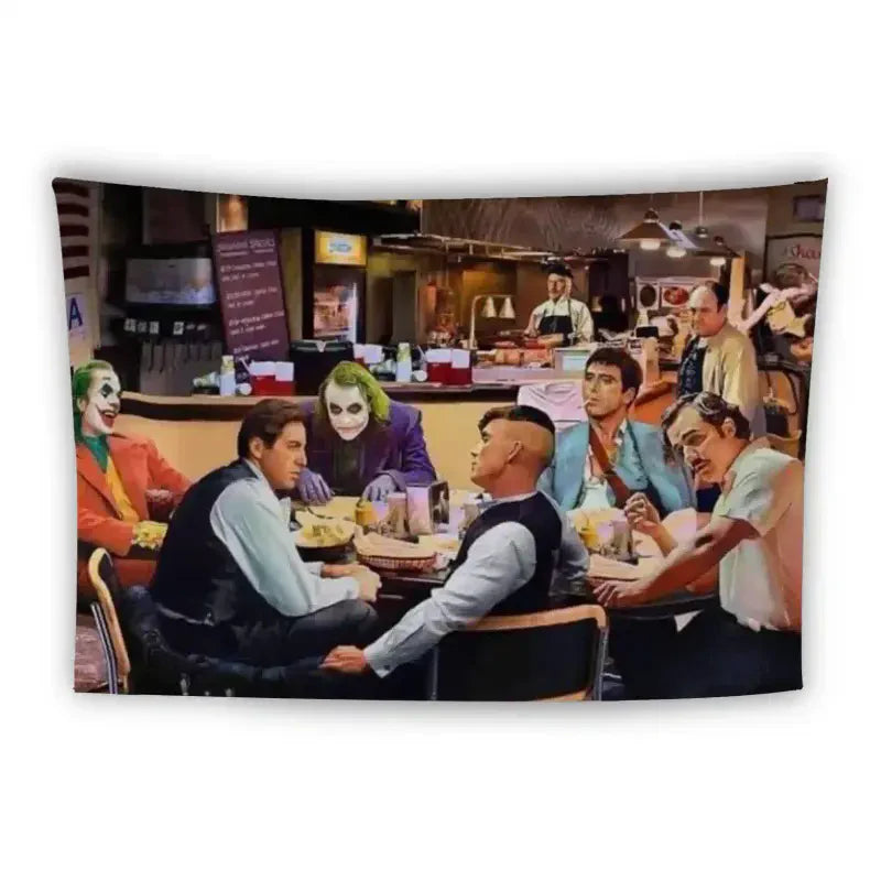 A digitally altered image shows a group of people with clown faces sitting around a table in a diner. Several of the figures bear resemblance to a popular fictional villain known for his clown makeup. The background features typical diner elements such as menus and kitchen equipment.