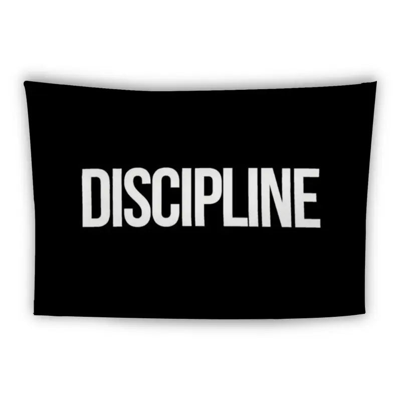 A black rectangular flag with the word "DISCIPLINE" printed in bold white uppercase letters across the middle. The background is solid black, making the white text stand out prominently.