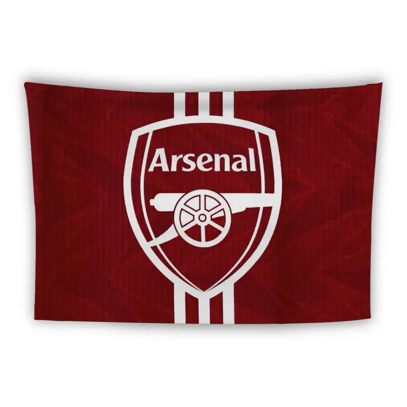 A red Arsenal FC flag featuring the club's iconic white cannon emblem and the word "Arsenal" in bold white letters centered on the flag. The emblem is flanked by two vertical white stripes running through the middle.