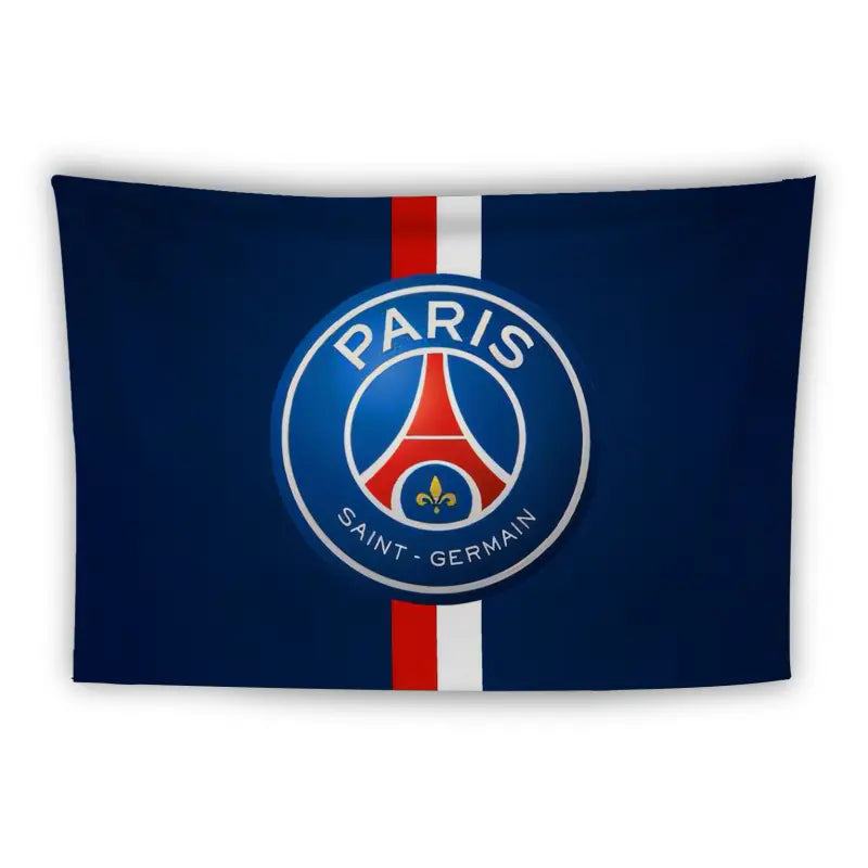 A flag with the emblem of the Paris Saint-Germain football club. The logo features a blue background with a red Eiffel Tower and a yellow fleur-de-lis at the bottom. The words "Paris Saint-Germain" encircle the logo. A vertical red and white stripe is behind the logo.