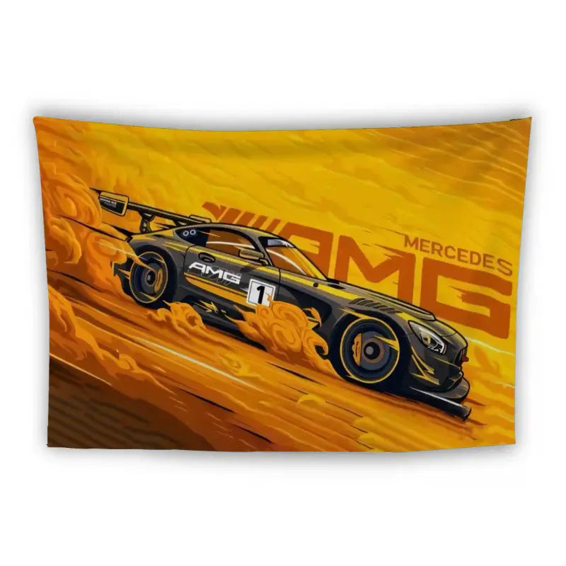 A stylized illustration of a black Mercedes AMG racing car speeding through a vibrant, fiery orange and yellow background. The car is kicking up dust, emphasizing its high speed. The word "AMG" and "Mercedes" are boldly displayed in the background.