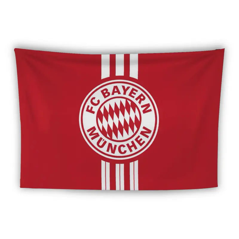 A red flag with the FC Bayern Munich logo in the center. The logo features the text "FC Bayern München" around a blue and white checkered pattern. There are three vertical white stripes extending from the top and bottom of the logo.