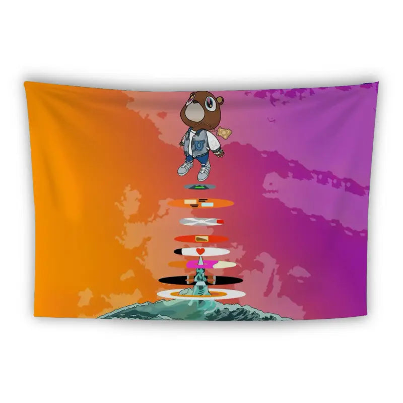 An illustrated wall tapestry features a cartoon bear wearing a jetpack, hovering over a series of floating discs. The background transitions from orange on the left to purple on the right, resembling a surreal sky. Below, there are small green hills or mountains.