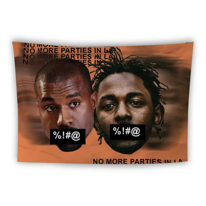 An image features two faces with censored mouths, preventing speech. Repeated text in the background reads "No More Parties in LA." The top part of the background consists of orange and black colors.