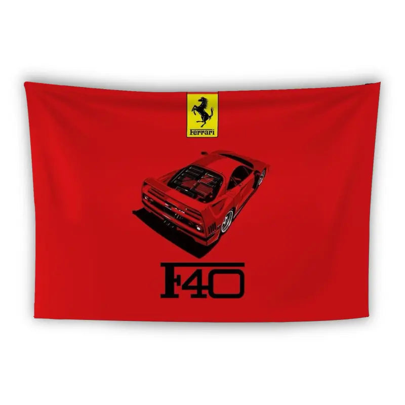 A red flag features an image of a red Ferrari F40 sports car with a black background. Above the car is the Ferrari logo with a prancing horse on a yellow background, while below the car is the "F40" model name.