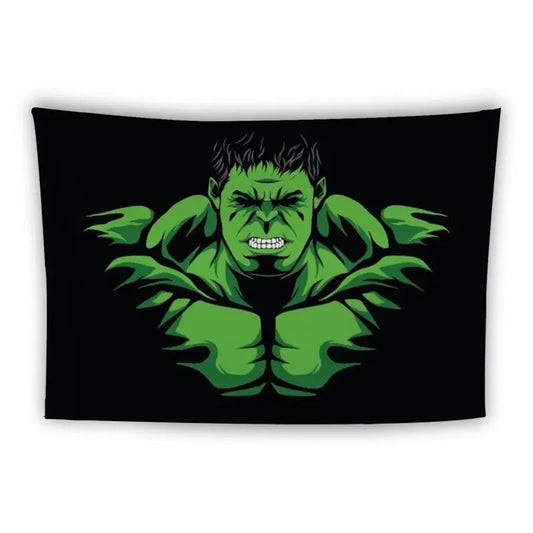 A graphic illustration of a muscular green superhero with a fierce expression, clenched teeth, and dark hair, set against a black background. The superhero character is depicted with exaggerated muscles and an aggressive stance.