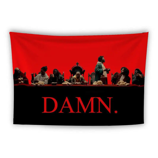 A tapestry displays a dramatic scene resembling the Last Supper, with people seated at a long table covered with plates of bread and grapes. The background is a stark red, dividing the top from a black lower half with the word "DAMN." prominently displayed.