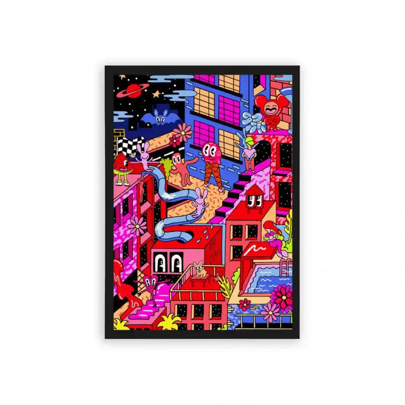 Acid Art 'Meow Metropolis' Framed Poster Black Hard Fiber