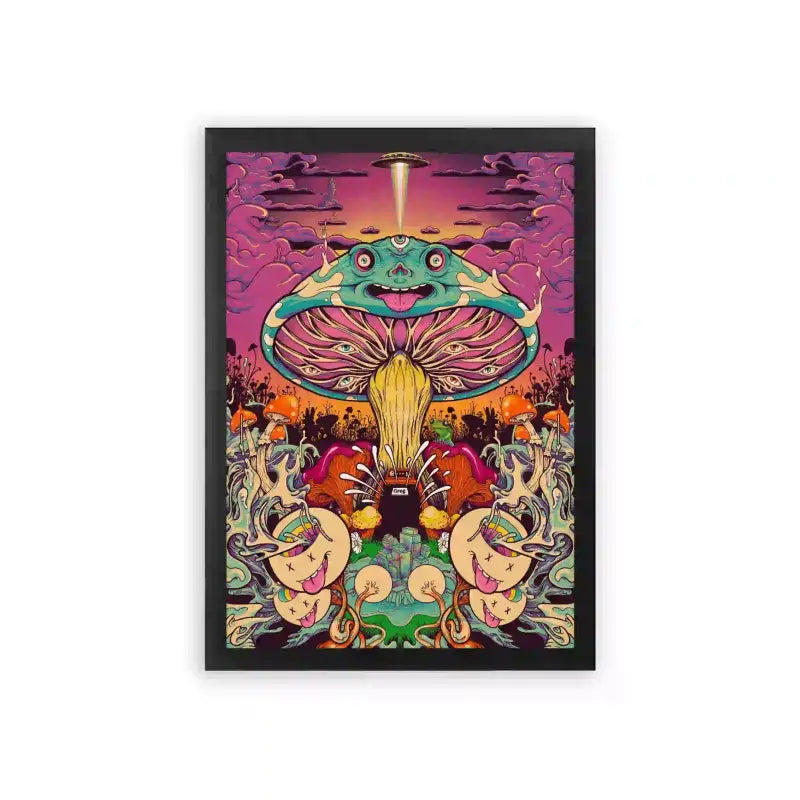 Acid Art 'Fantasy Fungus Festival' Framed Poster Black Premium Wood