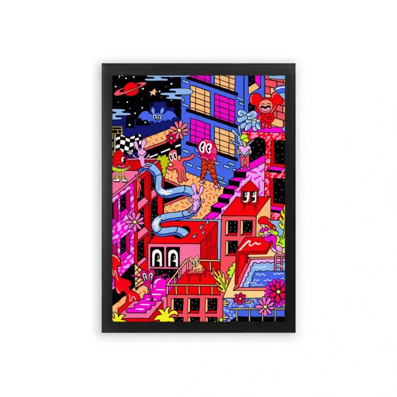 Acid Art 'Meow Metropolis' Framed Poster Black Premium Wood