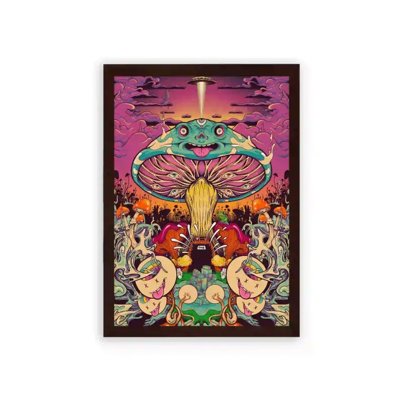 Acid Art 'Fantasy Fungus Festival' Framed Poster Brown Premium Wood