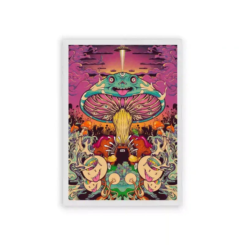 Acid Art 'Fantasy Fungus Festival' Framed Poster White Hard Fiber