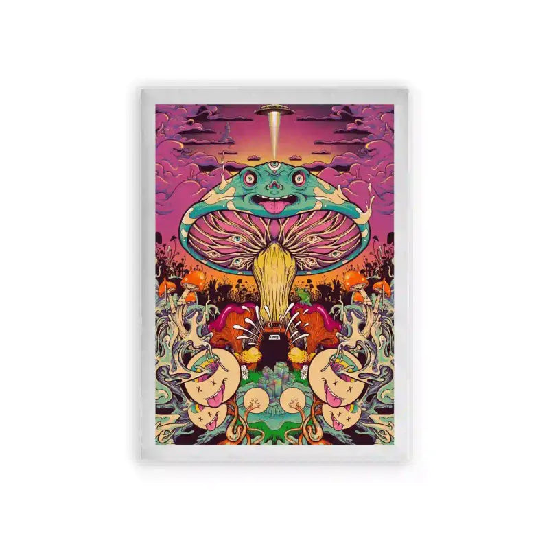 Acid Art 'Fantasy Fungus Festival' Framed Poster White Premium Wood