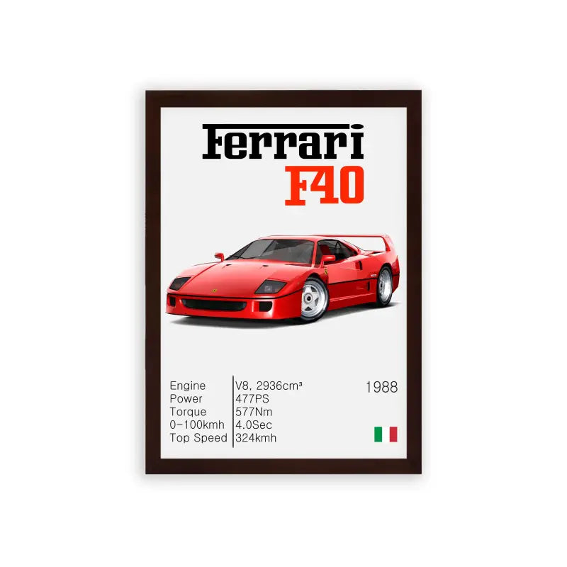 Ferrari F40 'Scarlet Speed' Framed Poster Brown Premium Wood