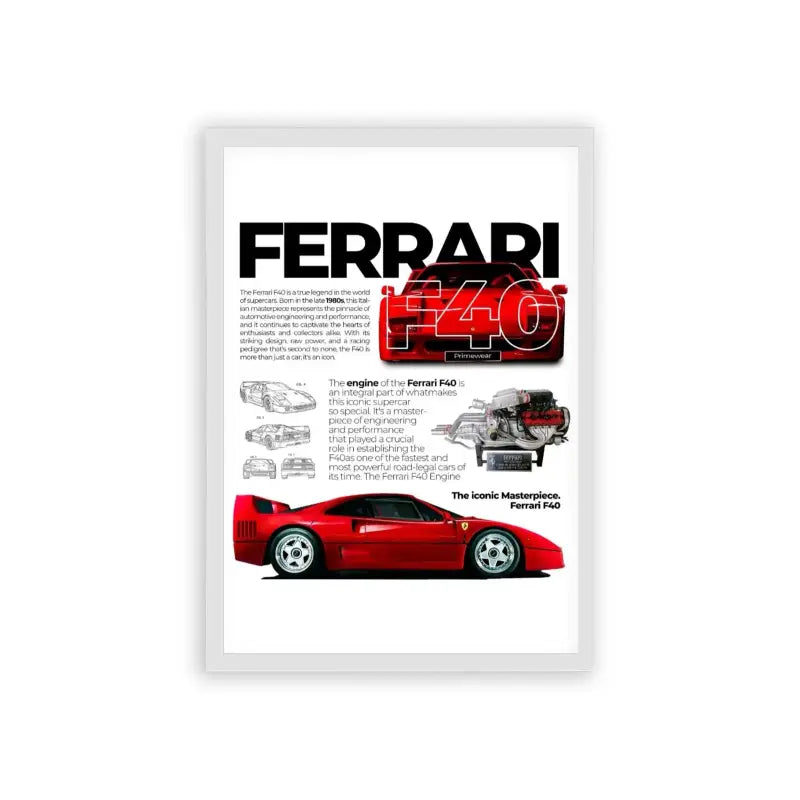 Ferrari F40 'Iconic Masterpiece' Framed Poster White Hard Fiber