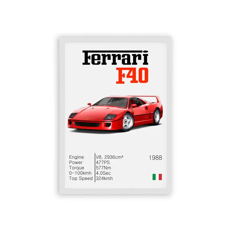 Ferrari F40 'Scarlet Speed' Framed Poster White Hard Fiber