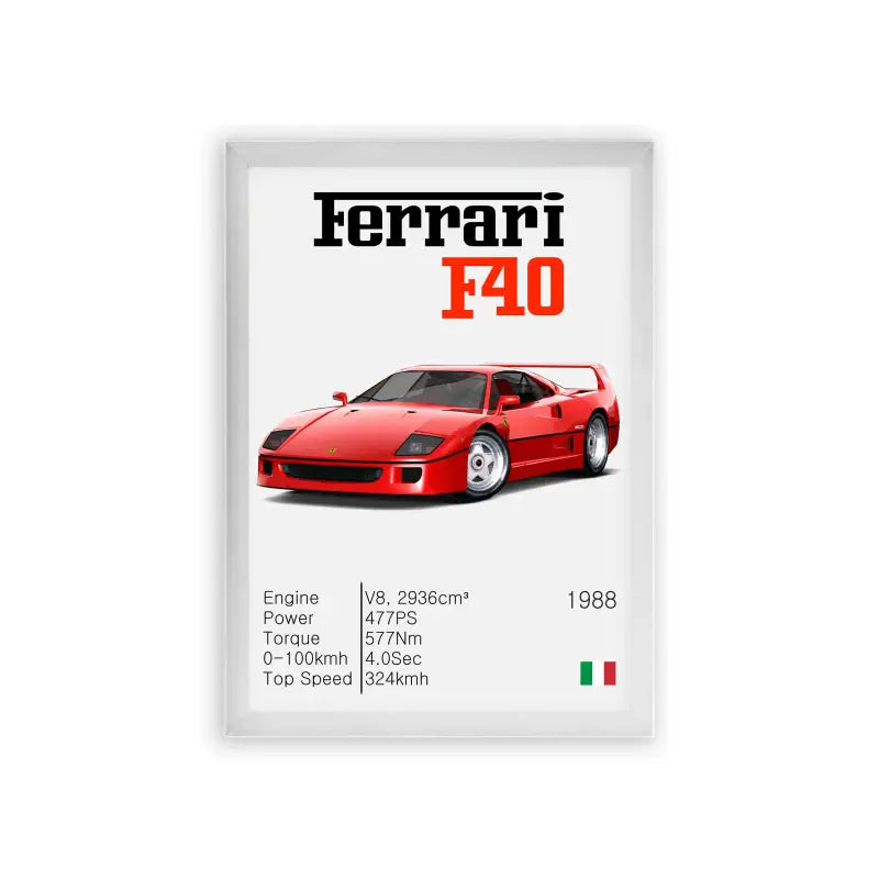 Ferrari F40 'Scarlet Speed' Framed Poster White Premium Wood