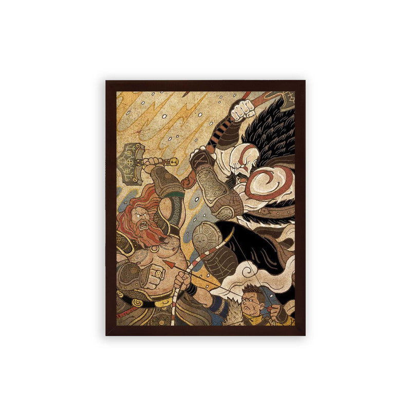 God of War 'Epic Battle' Framed Poster Brown Premium Wood