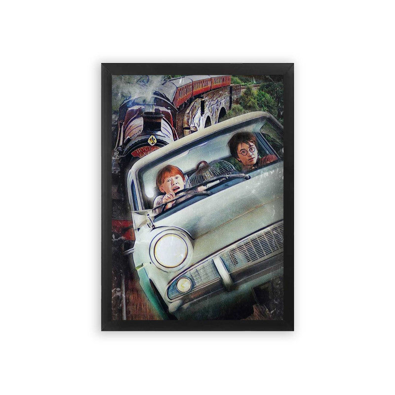 Harry Potter 'Flying Car' Framed Poster Black Premium Wood