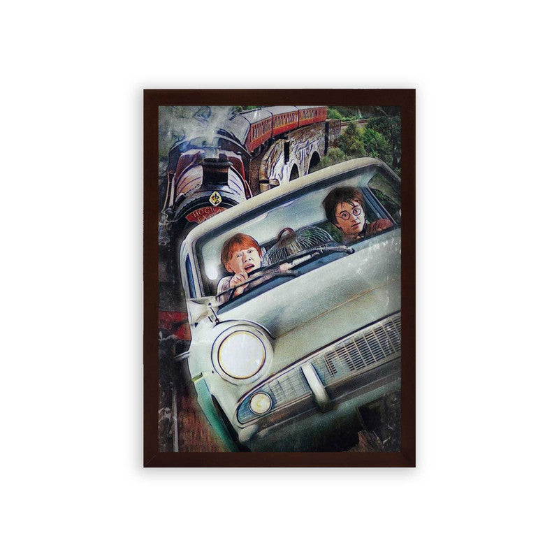 Harry Potter 'Flying Car' Framed Poster Brown Premium Wood