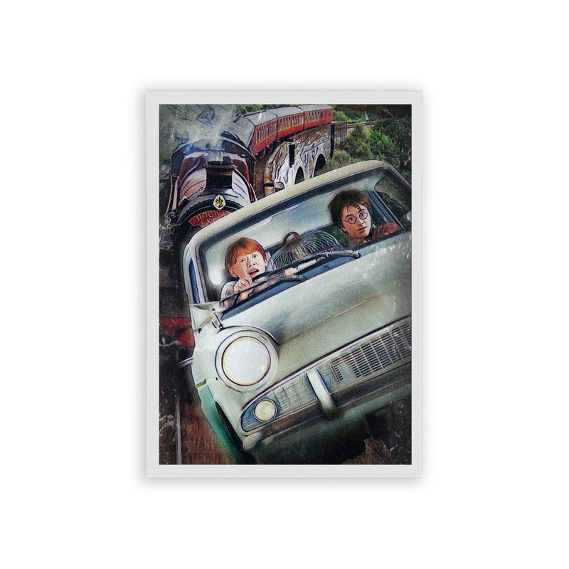 Harry Potter 'Flying Car' Framed Poster White Hard Fiber