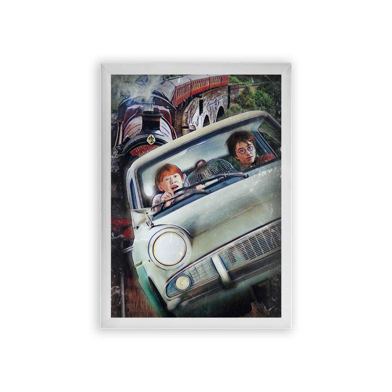 Harry Potter 'Flying Car' Framed Poster White Premium Wood