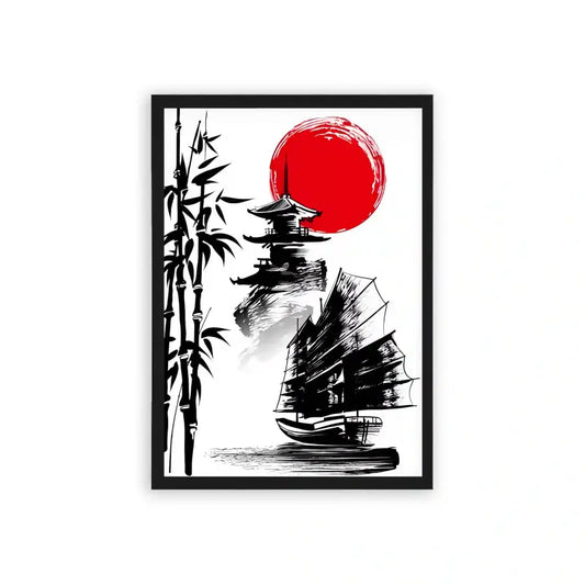 Japanese Culture 'Pagoda Dream' Framed Poster Black Hard Fiber