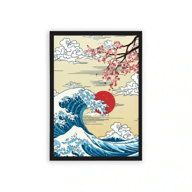 Japanese Culture 'Sakura Storm at Sea' Framed Poster Black Hard Fiber