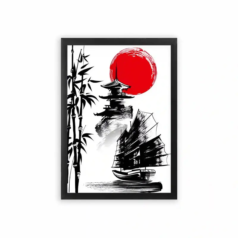 Japanese Culture 'Pagoda Dream' Framed Poster Black Premium Wood