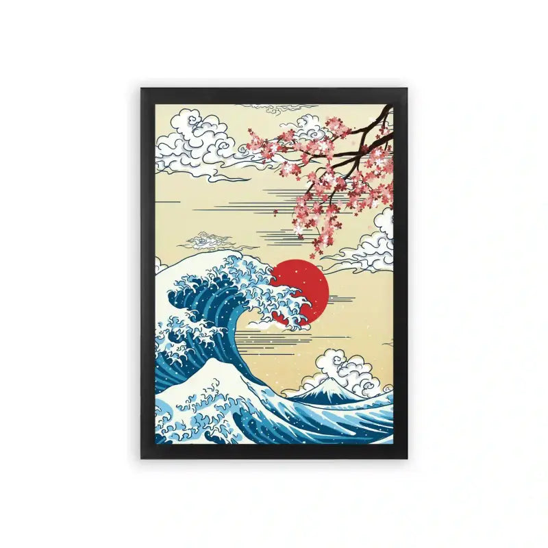 Japanese Culture 'Sakura Storm at Sea' Framed Poster Black Premium Wood