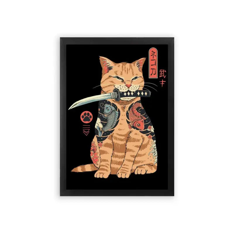 Japanese Culture 'Warrior Whiskers' Framed Poster Black Premium Wood