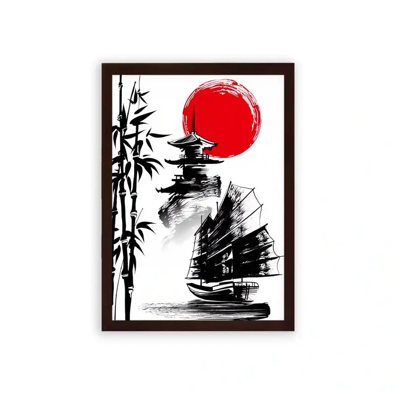 Japanese Culture 'Pagoda Dream' Framed Poster Brown Premium Wood