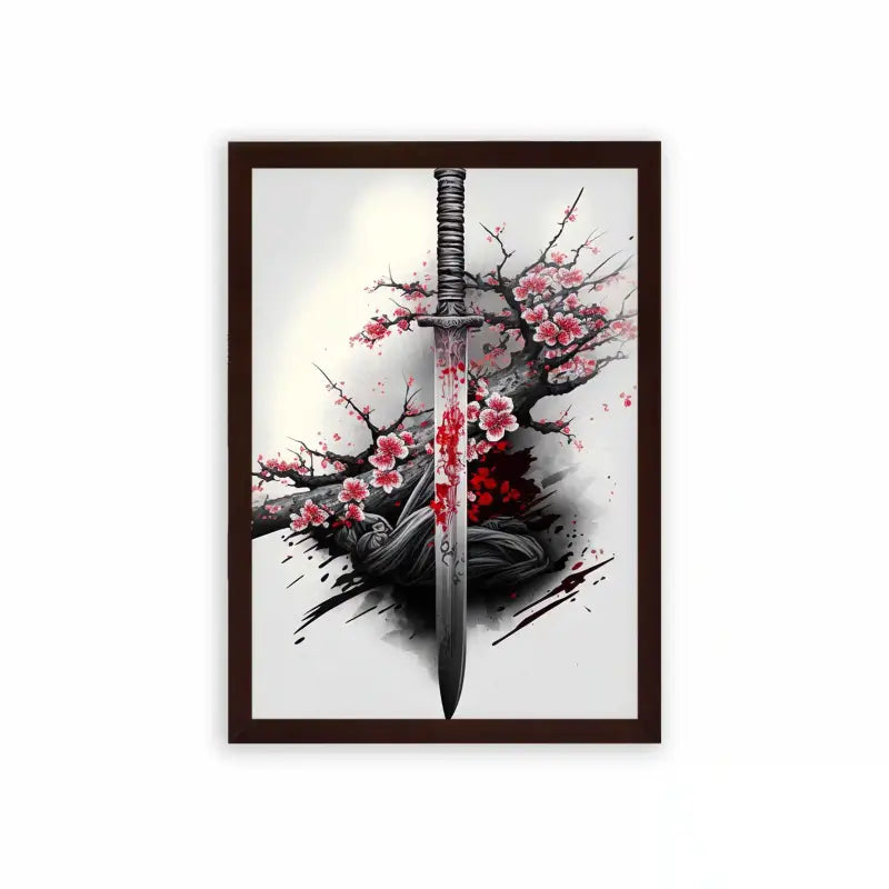 Japanese Culture 'Petal And Sword' Framed Poster Brown Premium Wood