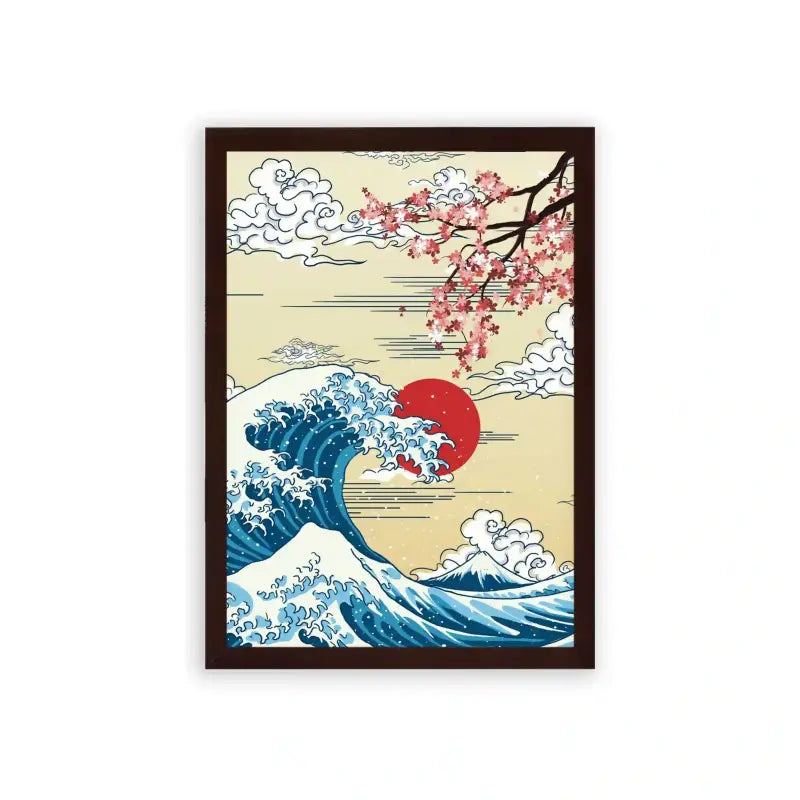 Japanese Culture 'Sakura Storm at Sea' Framed Poster Brown Premium Wood